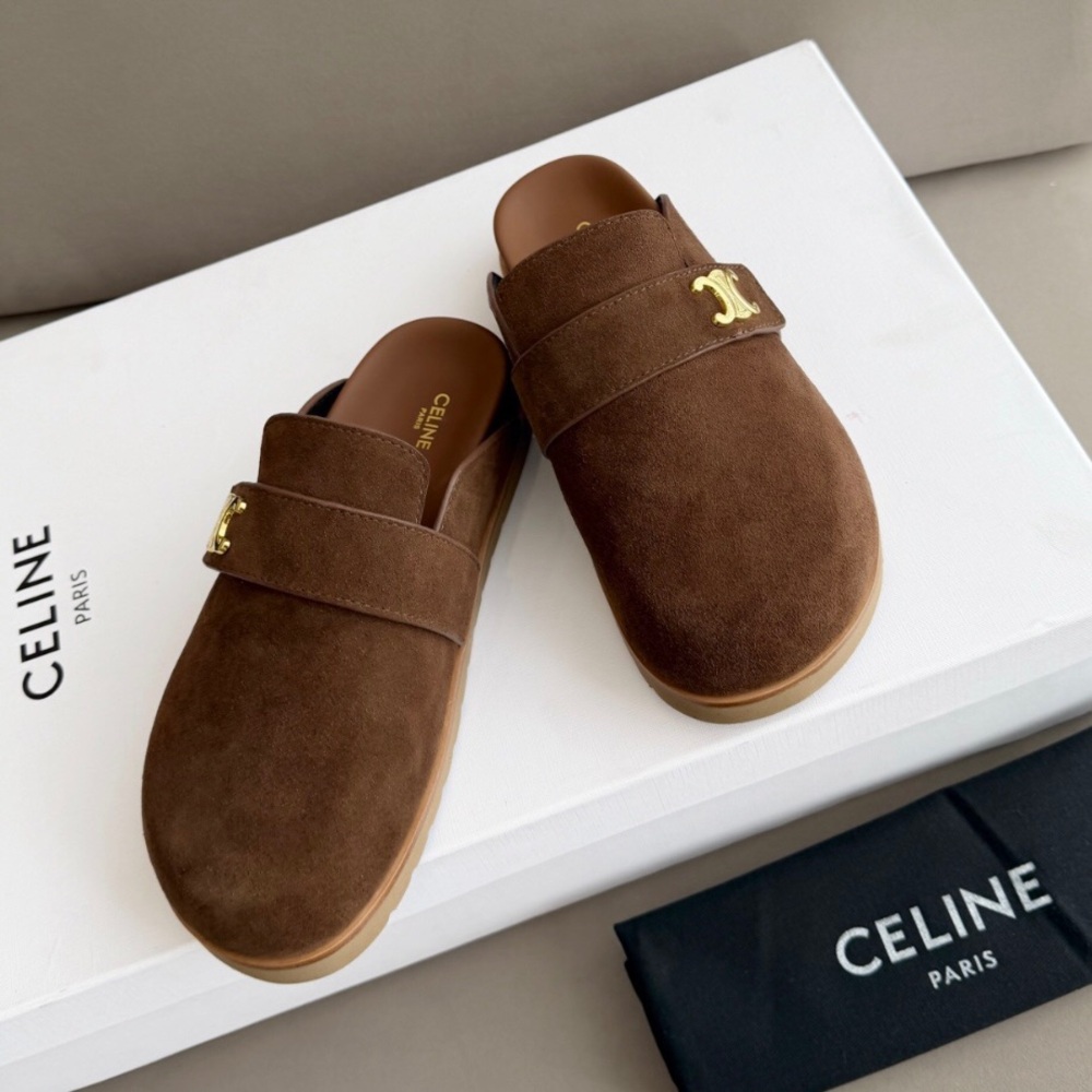 Celine Brown Suede Clogs with Gold Logo Hardware